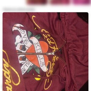 Ed Hardy Burgundy Zip-Up cropped with Gold Accents